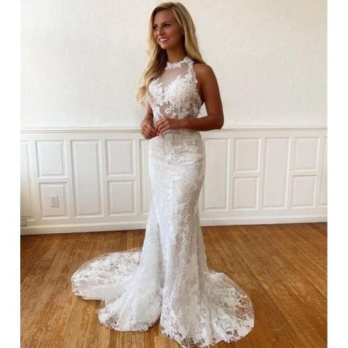 Long Mermaid Lace Wedding Dresses 2020 Jewel Backless Arabic Custom Vestido De Novia Garden Beach Bridal Gowns Boho Country