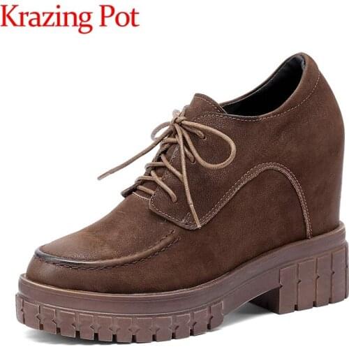 Krazing Pot genuine leather round toe super high heels thick bottom internal increase vintage daily wear lace up women pumps L60