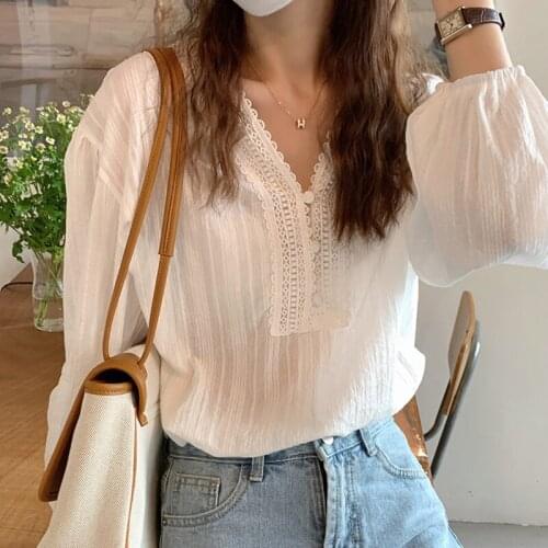 QOERLIN Fashion White Blouse Transparent Full Sleeve Sweet Tops Shirts Female Buttons Lace Blouse High Street V Neck Prom Shirt