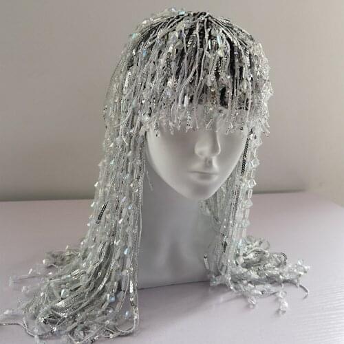 Fashion Silver Crystal Sequins Tassel Wigs Women Party Rhinestone Fringes Headwear Nightclub Singer Dancer Stage Accessories