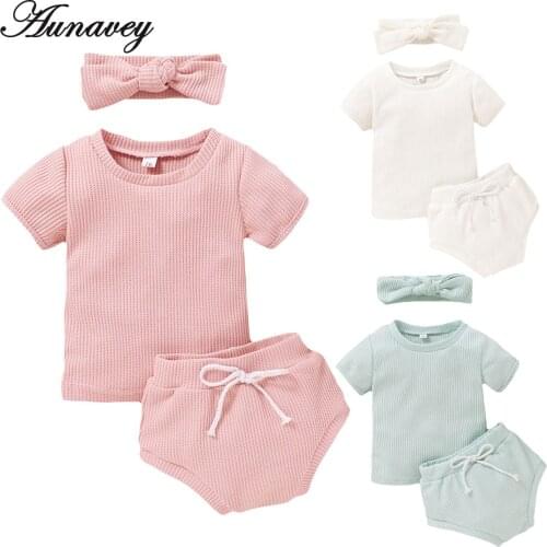 NEW 2020 Summer Newborn Toddler Baby Girl Cotton Clothes Set Short Sleeve T Shirt Shorts Headband Outfits Sunsuit