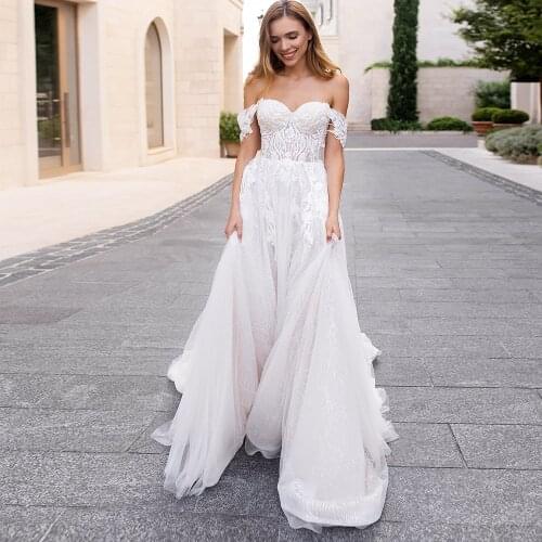 Charming Sweetheart Off The Shoulder Wedding Dresses 2021 A-Line Lace Appliques Tulle Bridal Gown Open Back Sweep Train