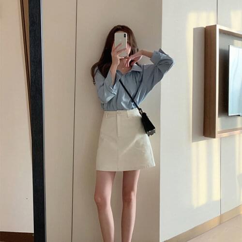Autumn 2020 Womens Fashion Light Blue Shirt + Half-length Skirt Office Two-piece Suit