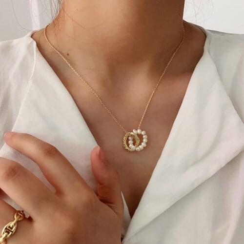 Huge Bud 14k Real Gold Double Circle Necklace Pearl Pendant Clavicle for Women Girl Elegant Charm Choker Korean Jewelry Gift