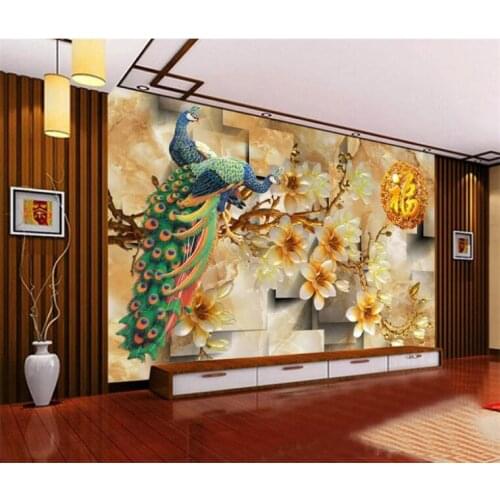 Custom 3D photo wallpaper 3D flower mural hotel lobby TV sofa background wall peacock jade carving 3D European wallpaper mural