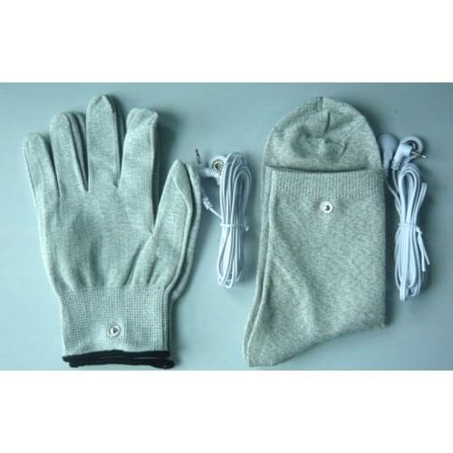 Conductive Slivery Fiber Electrode Massage Gloves & Socks & 2 pcs Lead Wires Use With TENS/EMS Unit For Physical Therapy