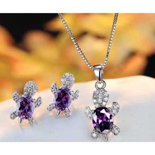 Luxury Bridal Cute Turtle Engagement Set Charm Purple Crystal Oval Zircon Necklace Earrings For Women Dainty Animal Jewelry Sets