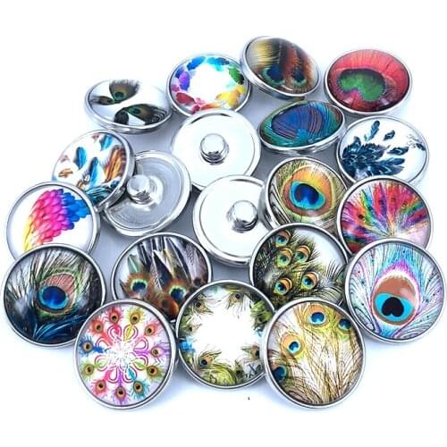 20pcs/lot 18mm 20mm Peacock Bird Feather Pattern Glass Cabochon Snap Buttons for DIY Snaps Bracelet Necklace Charm Findings N015