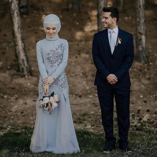 YiMinpwp Silver Grey Mermaid Wedding Dresses O Neck Long Sleeve Sweep Train 3D Floral Beads Bridal Gowns vestido de novia Custom