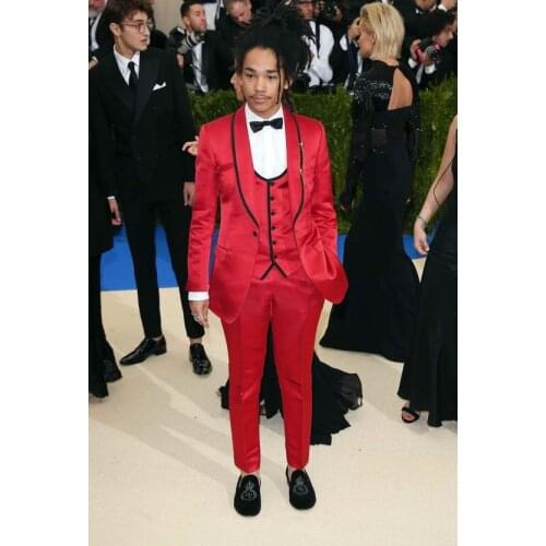 2020 Custom Made Slim Fit Wedding Suits For Men Groom Tuxedo Red Satin Men Suits Groom Wear 3 Piece Set Suits (Jacket+Pant+Vest)