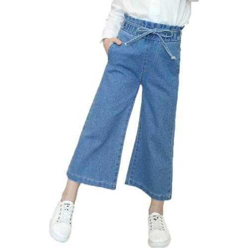 Teenage Girls Wide Leg Pants Jeans Toddler Kids Casual Autumn High Waist Denim Trousers Korean Child Wide Leg Denim Leggings 7/8