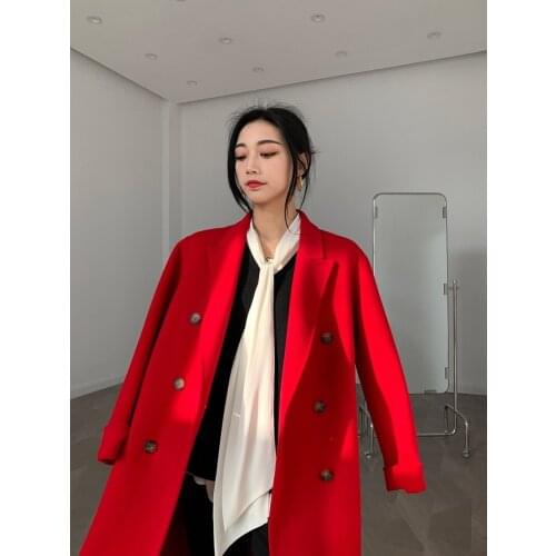 High-end gas field red suit collar mid-length double-sided cashmere coat woolen coat Korean version 21 new