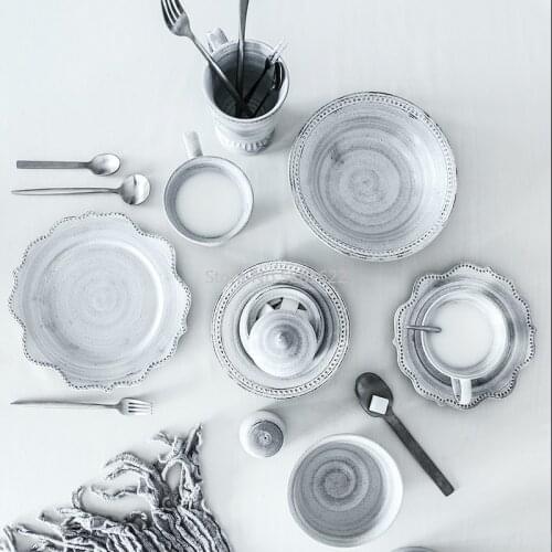 Japanese Ceramic Tableware Porcelain Plate Gray Vintage Steak Plate Kitchen Dishes Breakfast Dessert Tray Cutlery Set