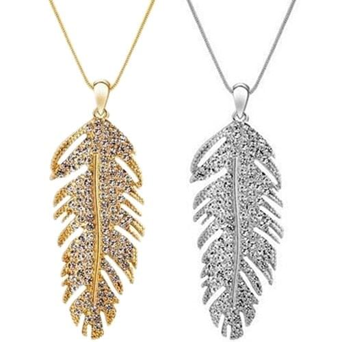 Fashion Bohemian Alloy Rhinestone Feather Pendant Womens Link Chain Necklace