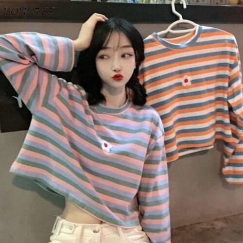 Women T-shirts Striped Embroidery O-neck Long Sleeve Short Tops Preppy Style Korean Style Ins Teens Cute Casual Kawaii Girls New