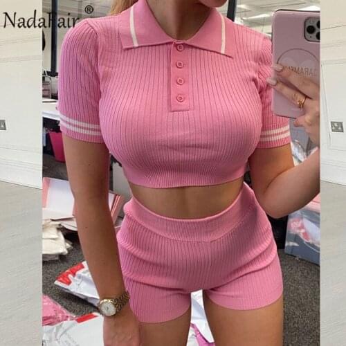 Nadafair Summer 2020 Women Set Spaghetti Strap Knit Sexy Crop Top And Mini Skirt Bodycon Party Club Two Piece Set Outfit