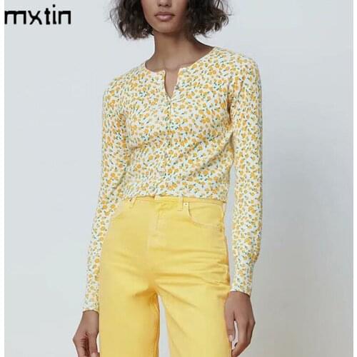 2021 Womens Vintage Yellow Jacquard Cardigan Knitted Sweater Fashion O Neck Long Sleeve Female Casual Women Clothing Tops