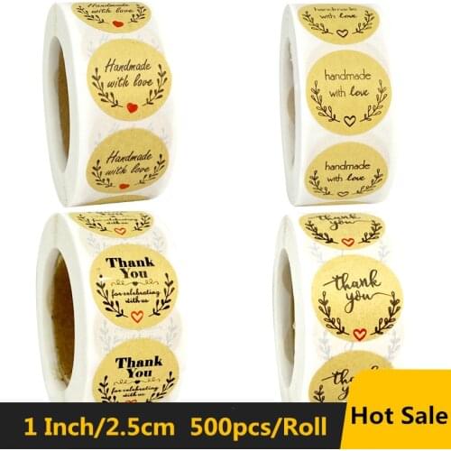 1Inch Circular Natural Kraft Thank You Stickers with Olive Branch Red Heart for Baking Packaging Envelope Handmade Decoration