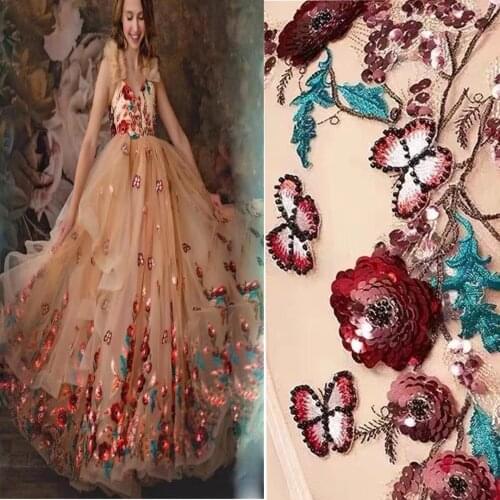 5yards/pc) High quality African tulle lace fabric vivid 3D flowers embroidered sequins French net lace for party dress FJY405