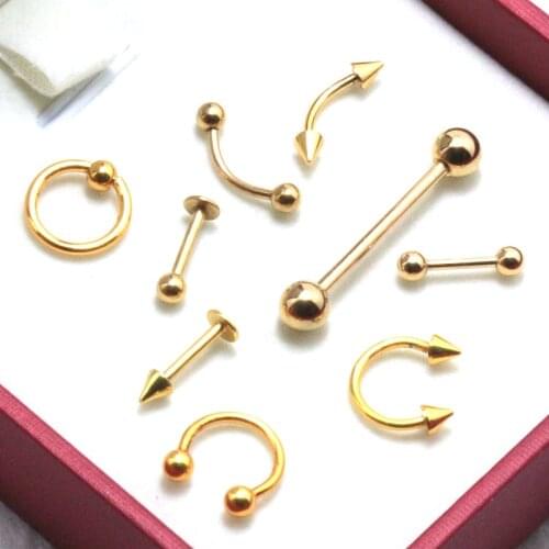 9PCS Gold Titanium Anodized Stainless Steel Captive Eyebrow Nose Lip Labret Ear Ring Tragus Earring Tongue Piercing Body Jewelry