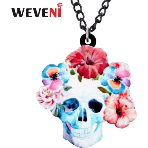 WEVENI Acrylic Halloween Flower Skull Skeleton Necklace Pendant Chain Choker Trendy Punk Jewelry For Women Girls Ladies Gift New