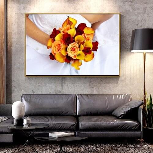 Artcozy Oil Canvas Painting roses_calla_lilies_bridal_bouquet_groom_dress For Home Decoration Wall Art