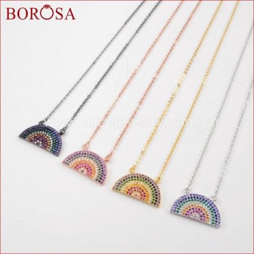BOROSA 18'' Fashion Necklace Micro Pave CZ Stone Bead Half Moon Connetcor Druzy Pendant Necklaces Handmade Women Jewelry WX492