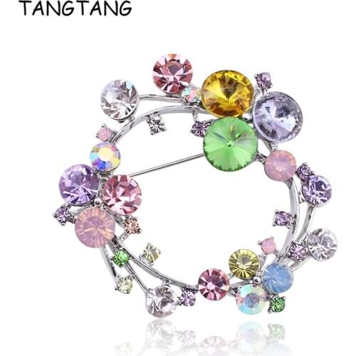 TANGTANG Wreath Brooch Colorful Rhinestones Round Brooch Pins For Wedding Women Lovely Charm Brooches Jewelry Wedding Accessory