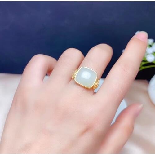 Natural Hetian white jade ring for women silver jewelry soft character real 925 silver gold plated special craftmanship frosted