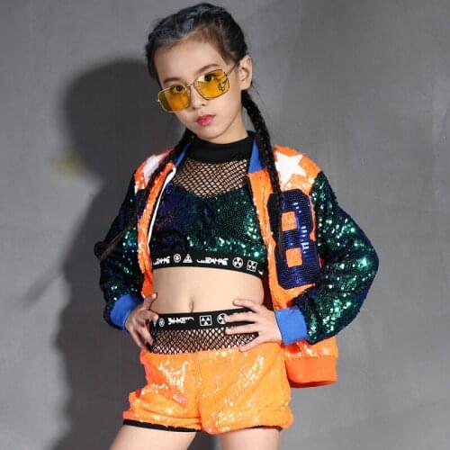 Girls Sequins Costumes Sets Sequins Childrens hip-hop jazz dance clothing Childrens long-sleeved modern dance wear