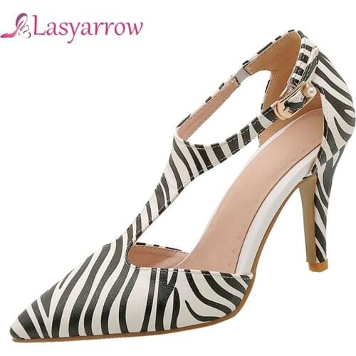 Lasyarrow Women shoes summer 2021 new sandals leopard print pointed toe stiletto buckle thin high heels shoes woman size 34-46