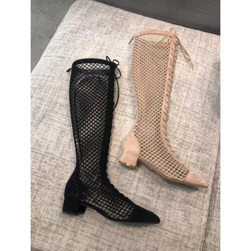 Summer low heel woman knee high mesh boots back zipper hollow Roman leather net high boots women summer knee high boots summer