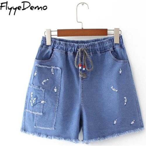 Fashion Women Korean Summer Flower Embroidery Cotton Curling Plus Size Casual Female Elastic Waist Tassels Denim Shorts 4XL