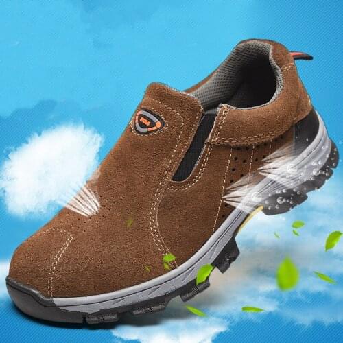 Men casual breathable steel toe covers work safety shoes slip-on summer worker shoe cow suede leather security boots protection