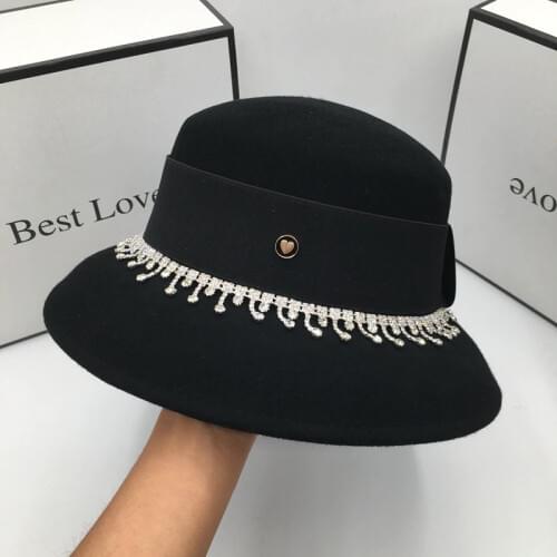 About new during the spring and autumn winter wool bucket hat for women diamond basin elegant female fashion