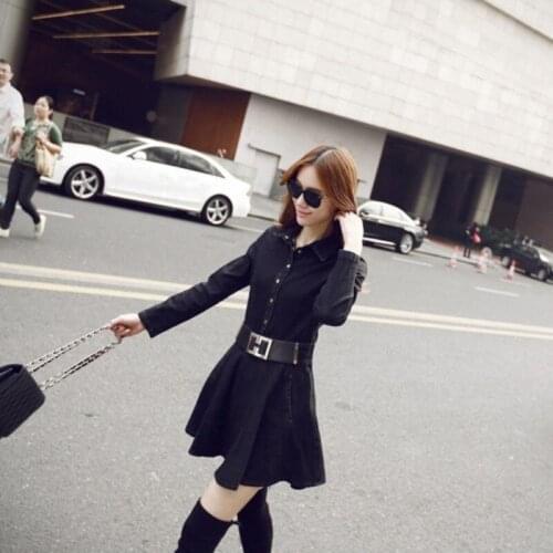 Office Ladies Elegant Long Sleeve Denim Dress Slim Fit A-Line Sashes Black Short Dresses Women Casual Elastic Jeans Shirt Dress