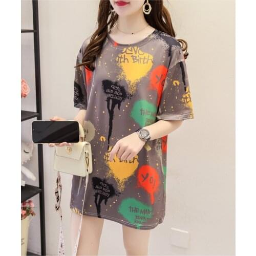 QRWR 2021 Summer New Women T Shirt Casual O Neck Short Sleeve Womens Top Loose Fashion Print Long Kawaii Oversized T Shirt