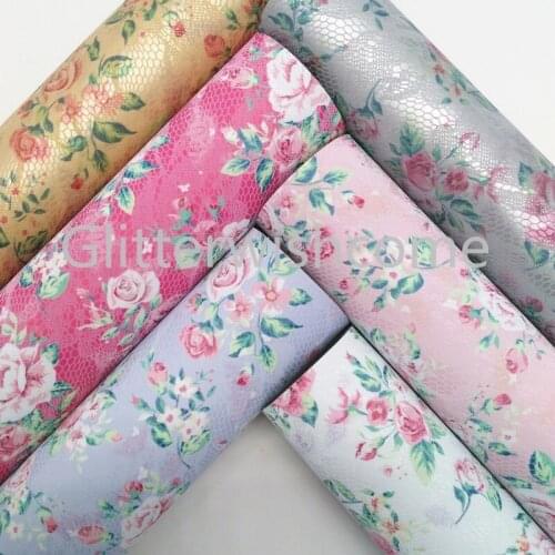 Glitterwishcome 21X29CM A4 Size Faux Leather Fabric, Synthetic leather, Lace Rose Printed Faux Leather Sheets for Bows, GM399A