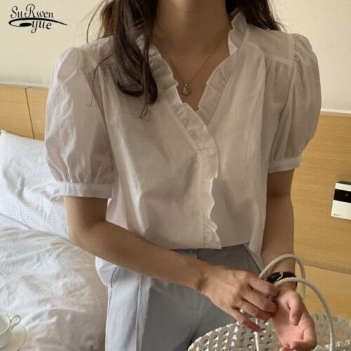 Fashion Korean Sweet White Blouse Ruffles Button Up Loose Puff Sleeve Shirt Summer V-neck Short Sleeve Women Tops Blusas 14145