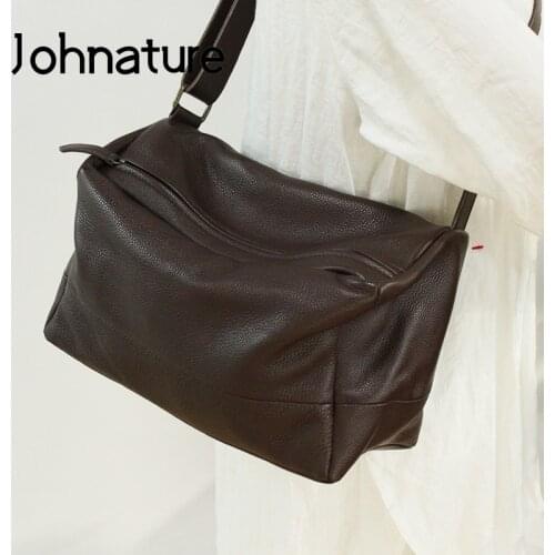 Johnature 2020 New Retro First Layer Cow Leather Women Bag Leisure Solid Color Shoulder Bags Large Capacity Female Messenger Bag