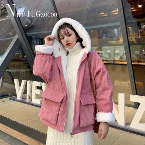 Pink Beige Color Lining With Fluff Women Parkas Thick Loose Harajuku Corduroy Female Coat