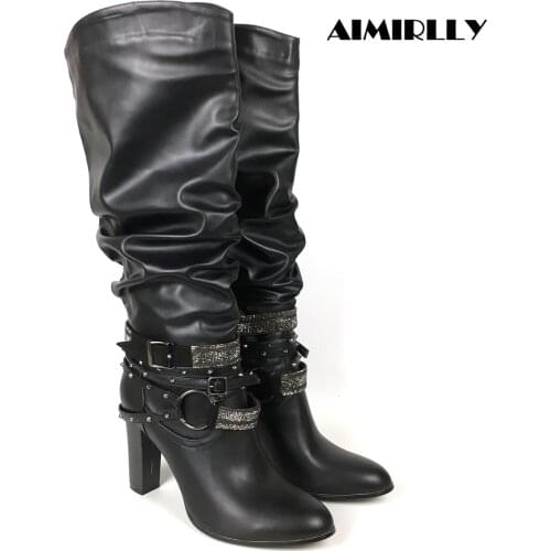 Women Boots Round Toe Chunky Heel Knee Boots Ankle Strappy Crystal Studs Decorat Autumn Winter Female Shoes Footwear Pull On