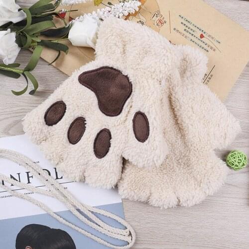 Winter Women Coral Fleece Keep Warm Thicken Plush Soft Cartoon Cat Paw Cute Lovely Sweety Japanese Style Half-Finger Gloves