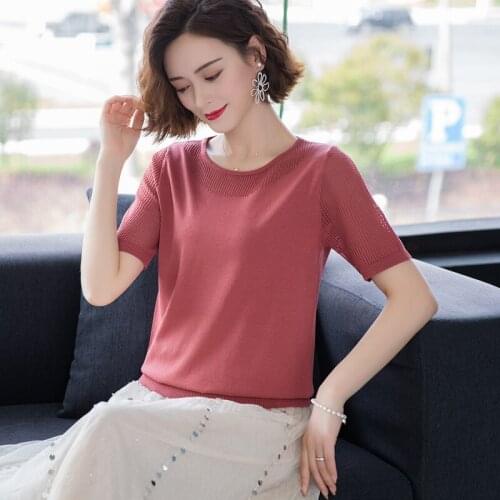Hollow Out Color matching Ice silk Knit Short Sleeve Womens Top Summer 2021 New Elegant O-neck Hollow Thin Pullover Sweater