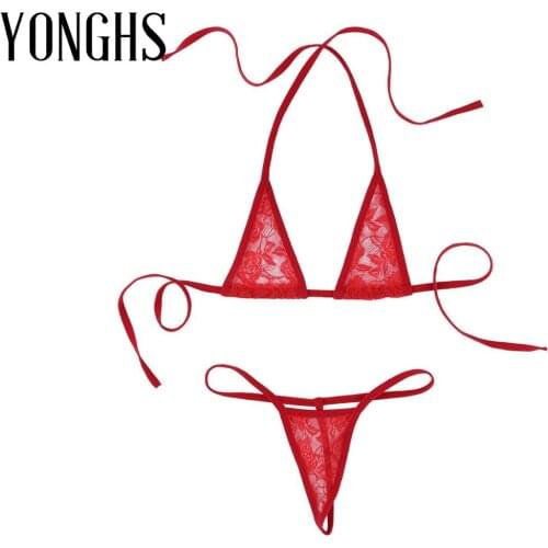 Women Sex Mini Micro Bikini Lingerie Set Lace See Through Sheer Halterneck Hot Sexy Bra Top with G-String Thong Briefs Underwear