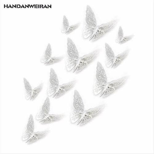 12PCS=1LOT DIY Gold Silver Hollow 3D Mirror Butterfly Wall Stickers Switch Refrigerator Closet Wall Sticker For Home Decor 02