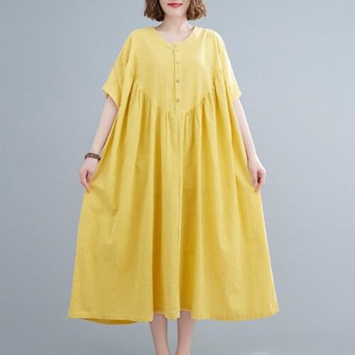 2021 New Arrival Solid Color Cotton Linen Loose Summer Dress Short Sleeve Sundress Plus Size Women Travel Casual Beach Dress