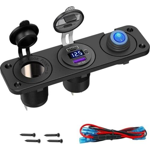 PD3.0 & QC3.0 USB Car Charger/Cigarette Lighter Panel 12V 24V 200W Lighter Socket with Switch for Car, Boat, RV, Truck