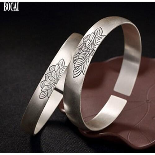 BOCAI 2020 new 100% real S999 pure silver bracelet for woman lotus wishful sterling silver retro opening matte woman bracelet