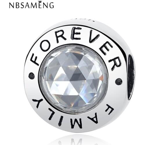 Authentic 100% 925 Sterling Silver Family Forever Charms Big Clear CZ Crystal Beads Fit Bracelets DIY Jewelry